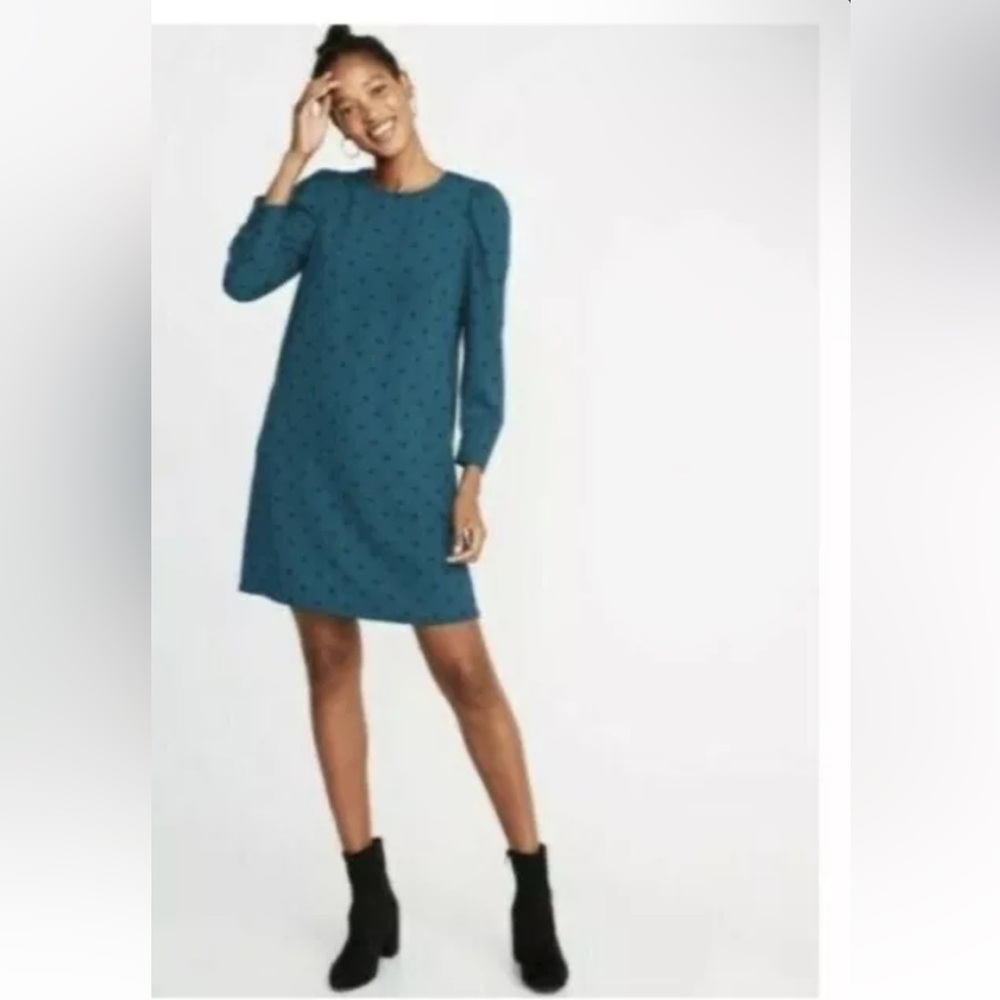 Old Navy Women’s Green Black Polka Dot Shift Dress Long Sleeve Size M 8/10